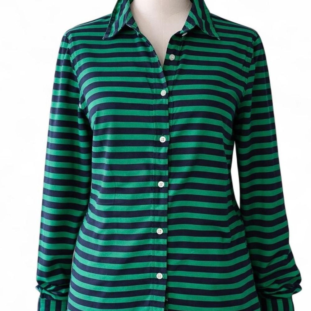 J.Crew Button Down‎ Shirt Green Navy Blue Small Striped Preppy Work Office